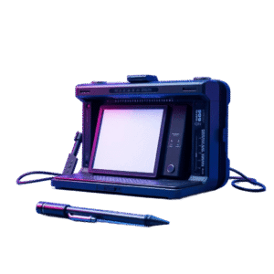 a professional product photograph of stationary in a futuristic sci fi style against a blue and violet background, showcasing advanced technology and space elements